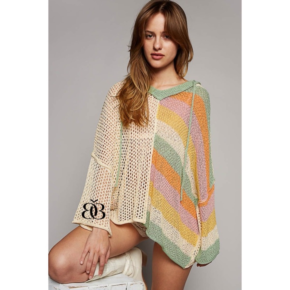 POL Half & Half Solid Striped Colorful Summer Knit Hoodie Sweater